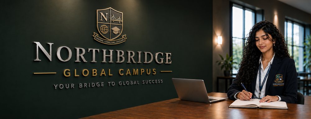 A Northbridge Global Campus student in a campus blazer working at a desk, with the Northbridge crest and wordmark on the wall behind her.