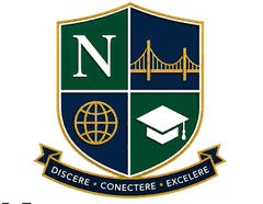 The Northbridge Global Campus crest: a quartered shield with the letter N, a suspension bridge, a globe and a graduation cap, above a ribbon reading Discere Conectere Excellere.